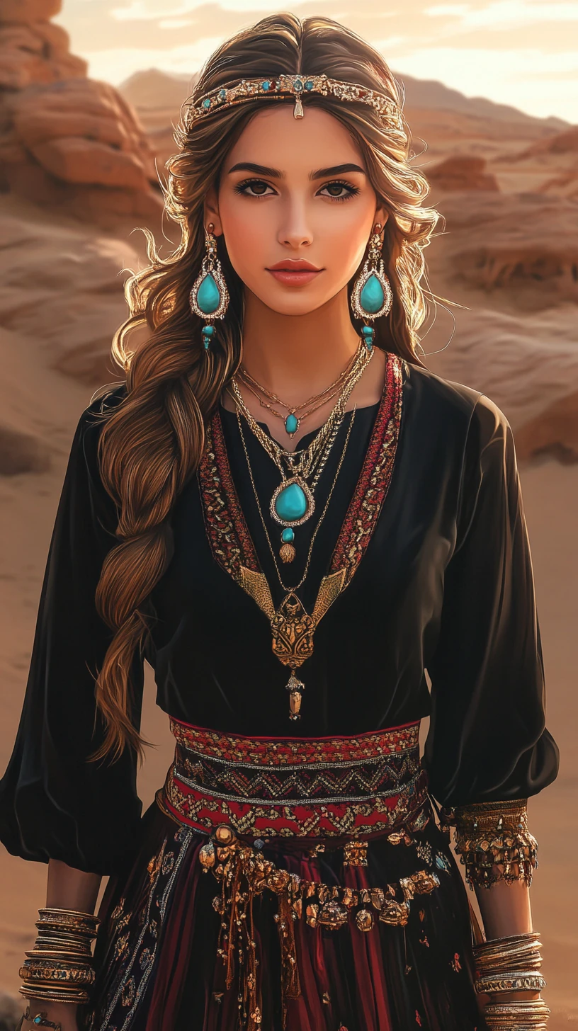 Femme arabe dans le désert au coucher du soleil avec des bijoux ornés