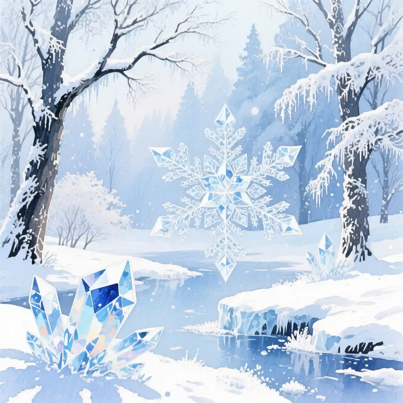 Ätherischer Winterwald in schimmernder Aquarellruhe