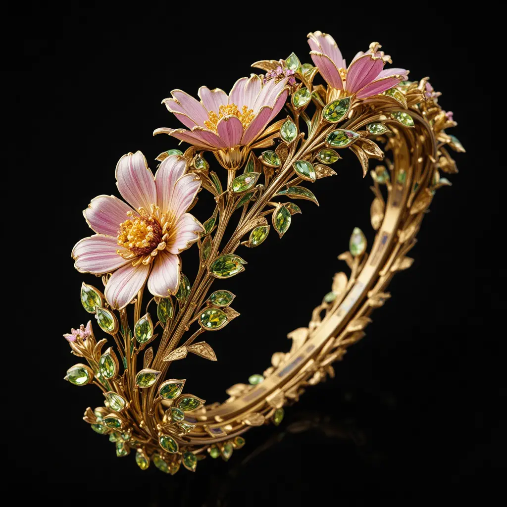 Nahaufnahme eines goldenen Blumenarmbands mit bunten Edelsteinen
