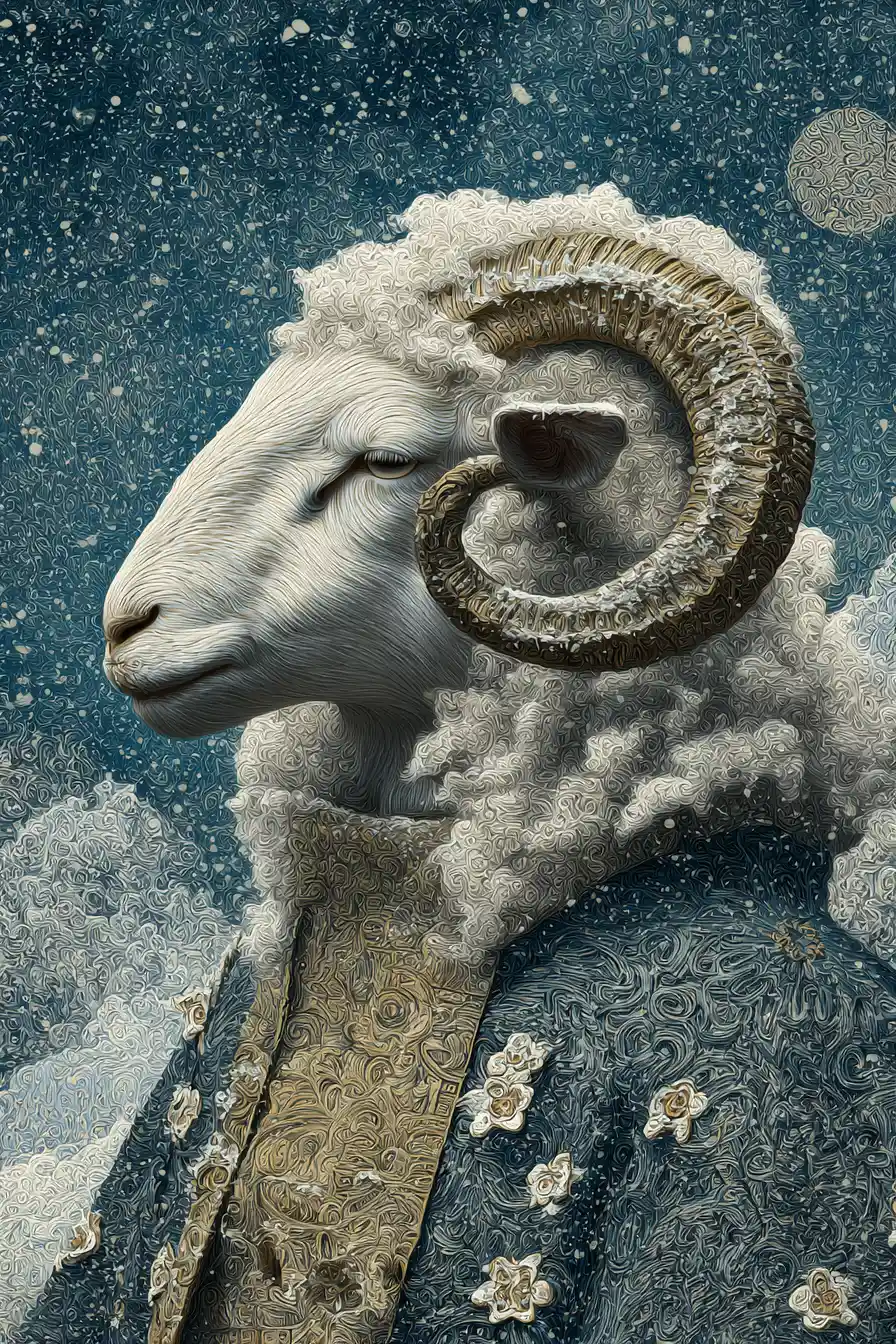 Pecora antropomorfa eterea in un paesaggio fantasy innevato