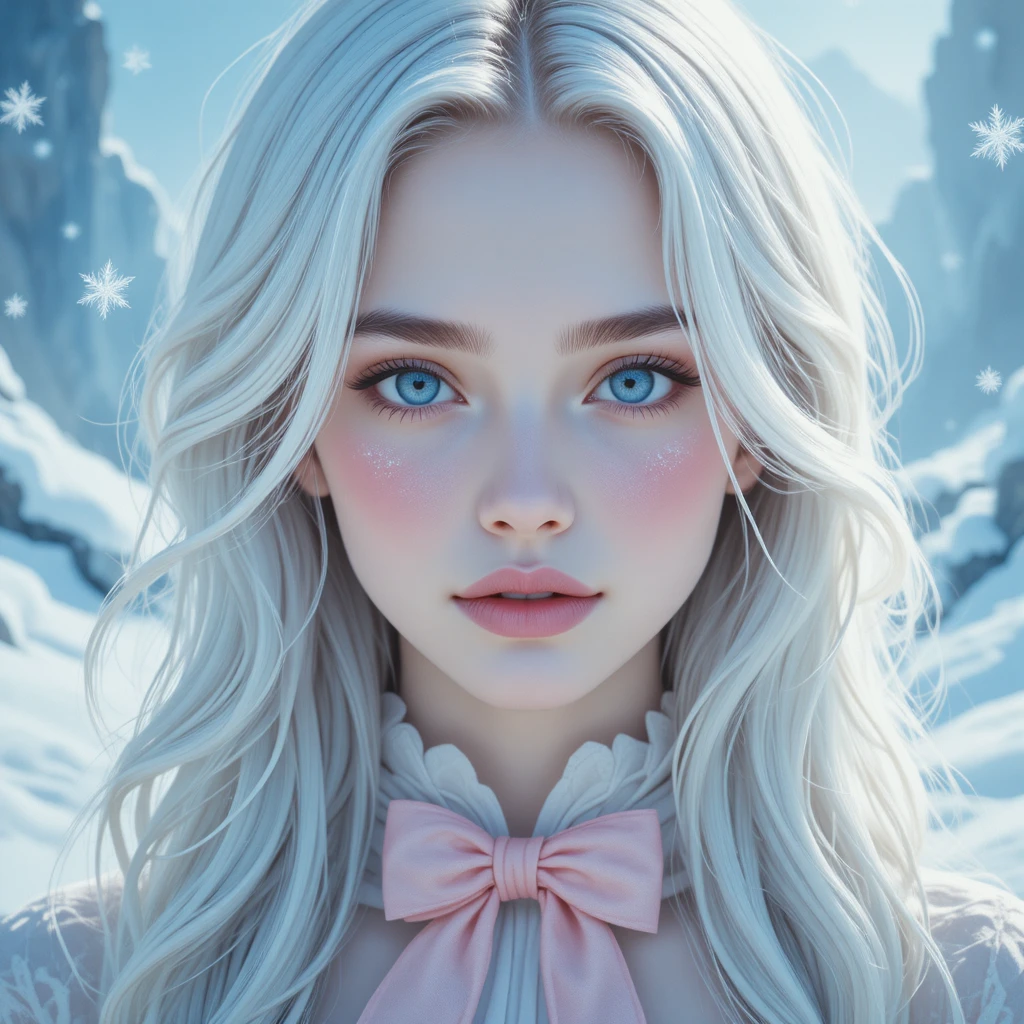Snowy portrait of a silver haired girl in pink ribbon
