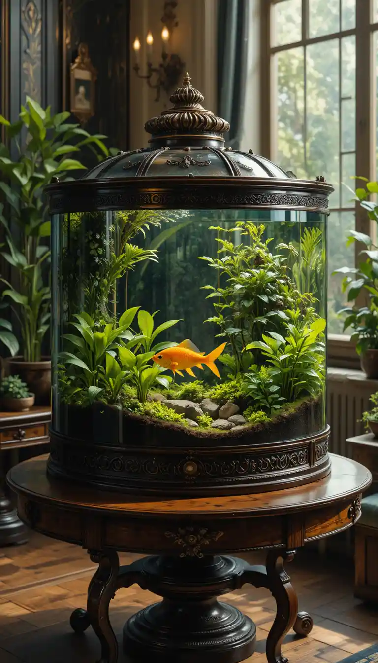 Ornate aquarium with golden fish on wooden table