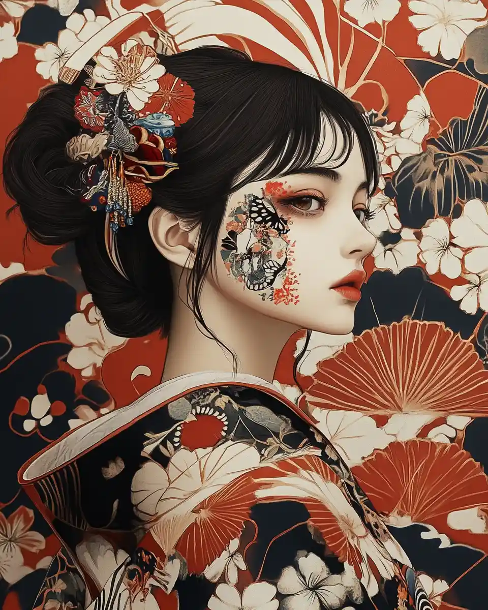 Anime woman with Japanese patterns blending into background