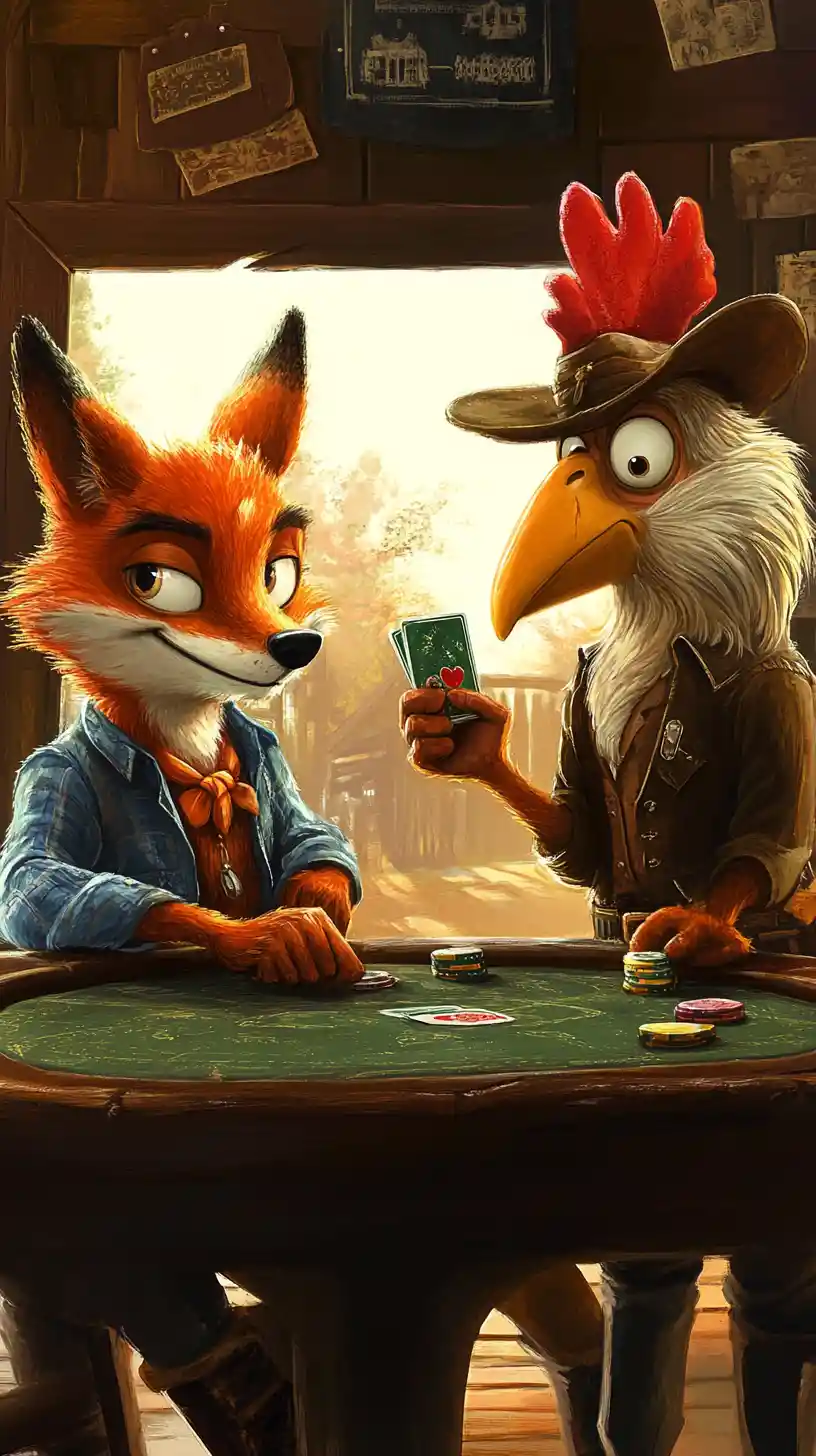 Cunning fox and clever rooster playing poker in a bar