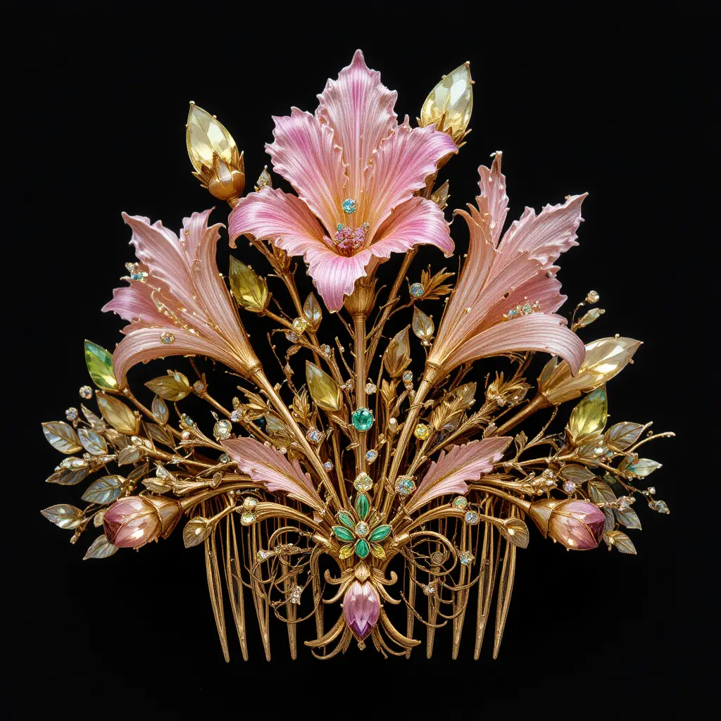 Gold floral hair comb with pink and green gemstones