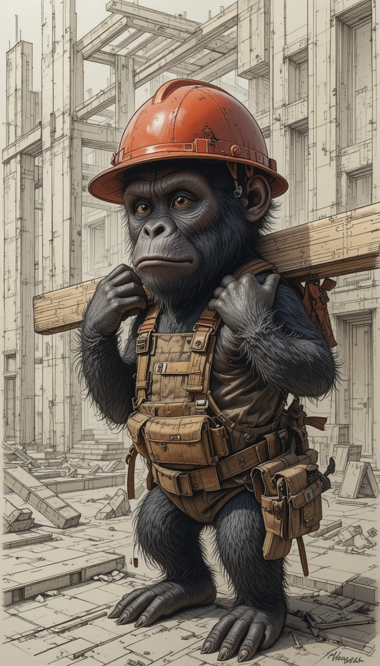 Jeune gorille ouvrier sur un chantier animé