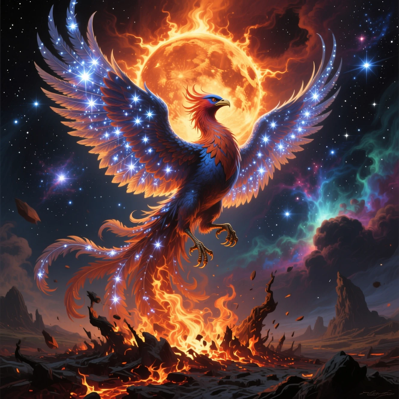 Fênix majestosa surgindo de um sol moribundo no espaço profundo