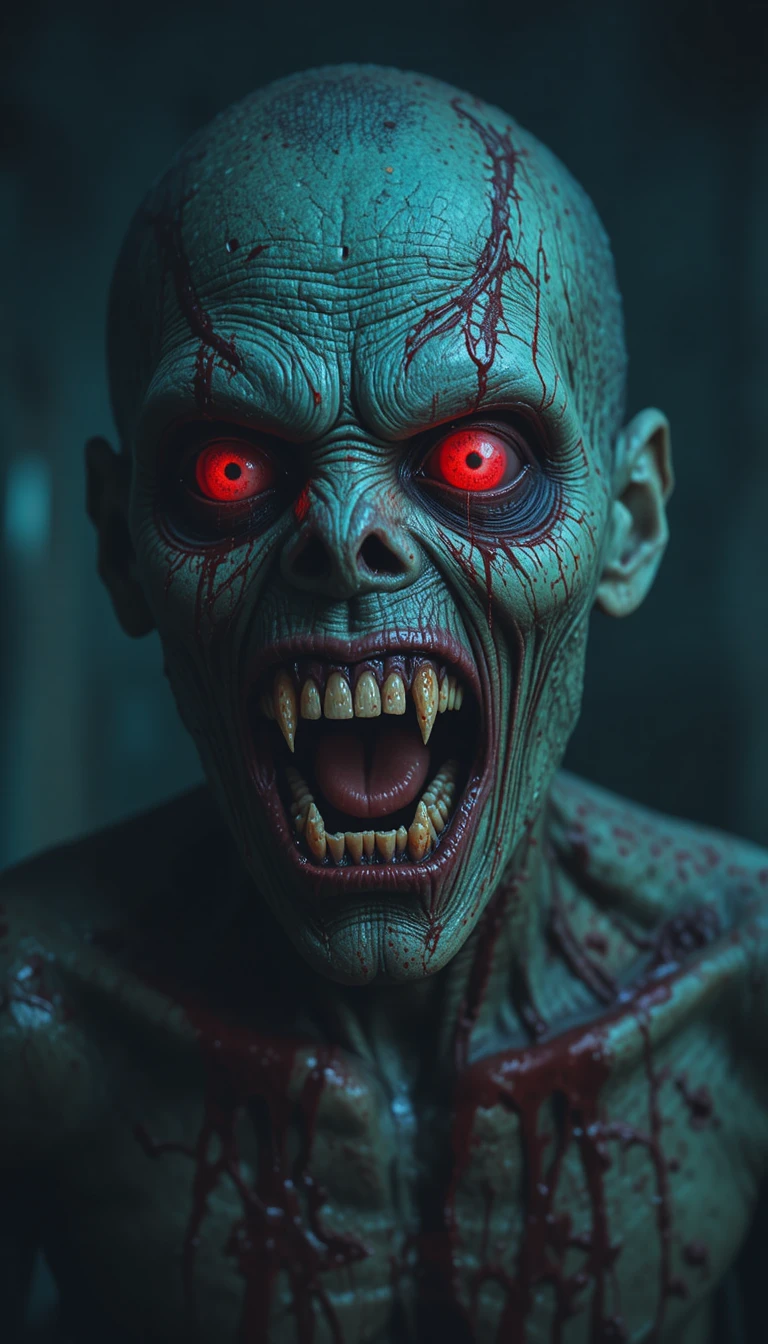 Furchteinflößender Zombie aus nächster Nähe mit leuchtend roten Augen