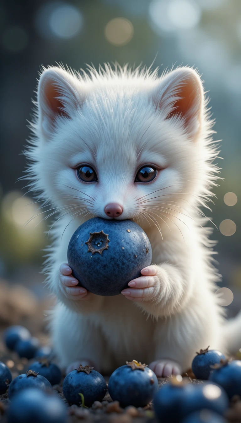 Winziger Polarfuchs-Welpe mit riesiger Blaubeere aus der Nähe