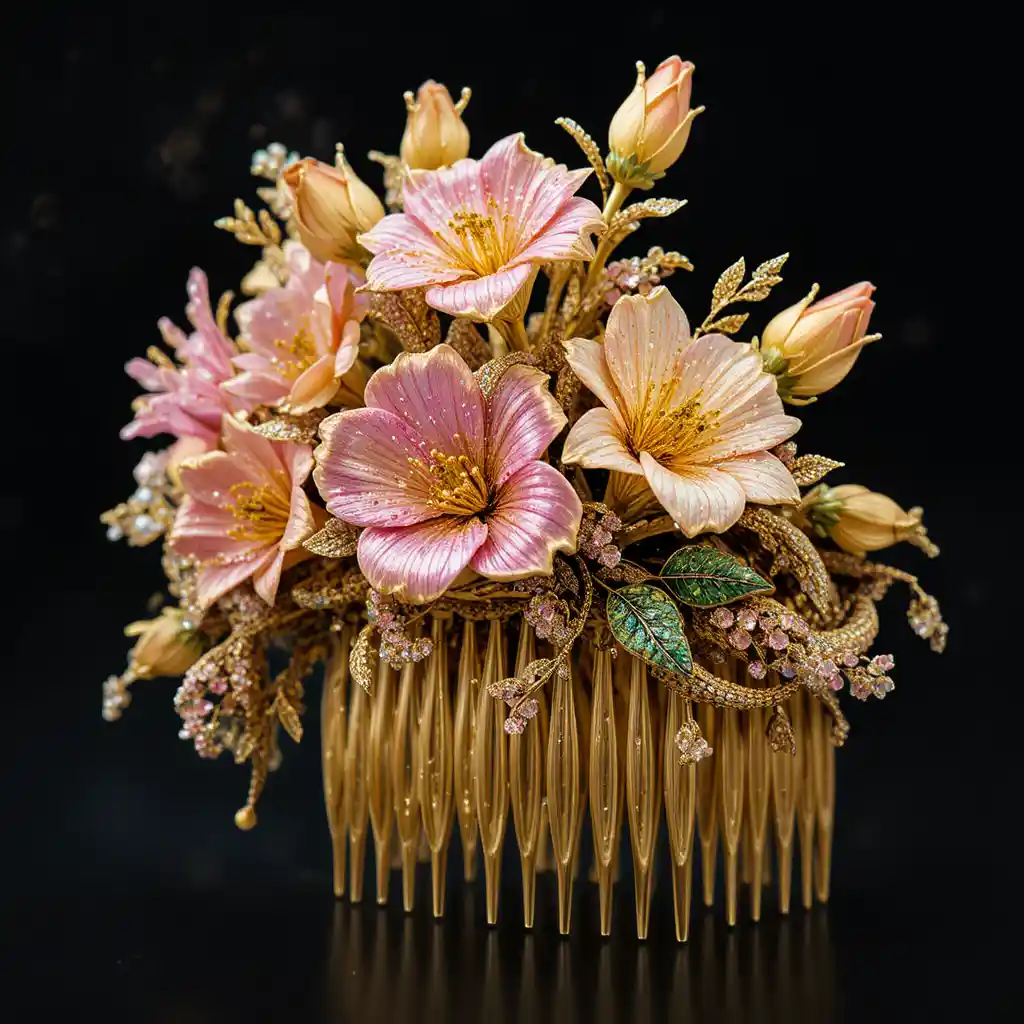 Gold freesia hair comb with pink and yellow gemstone flowers