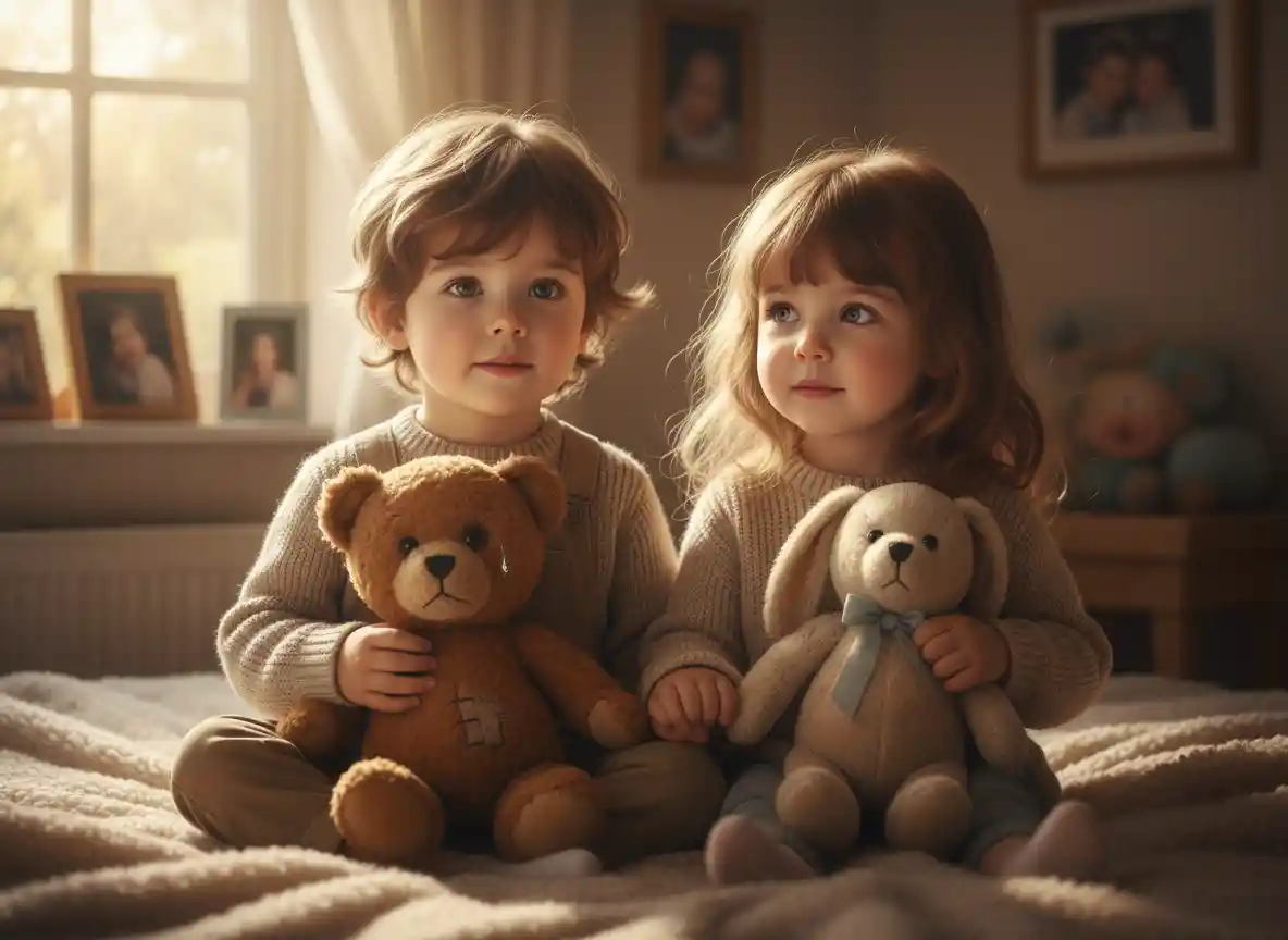 Two children holding teddy bears on a sunlit blanket