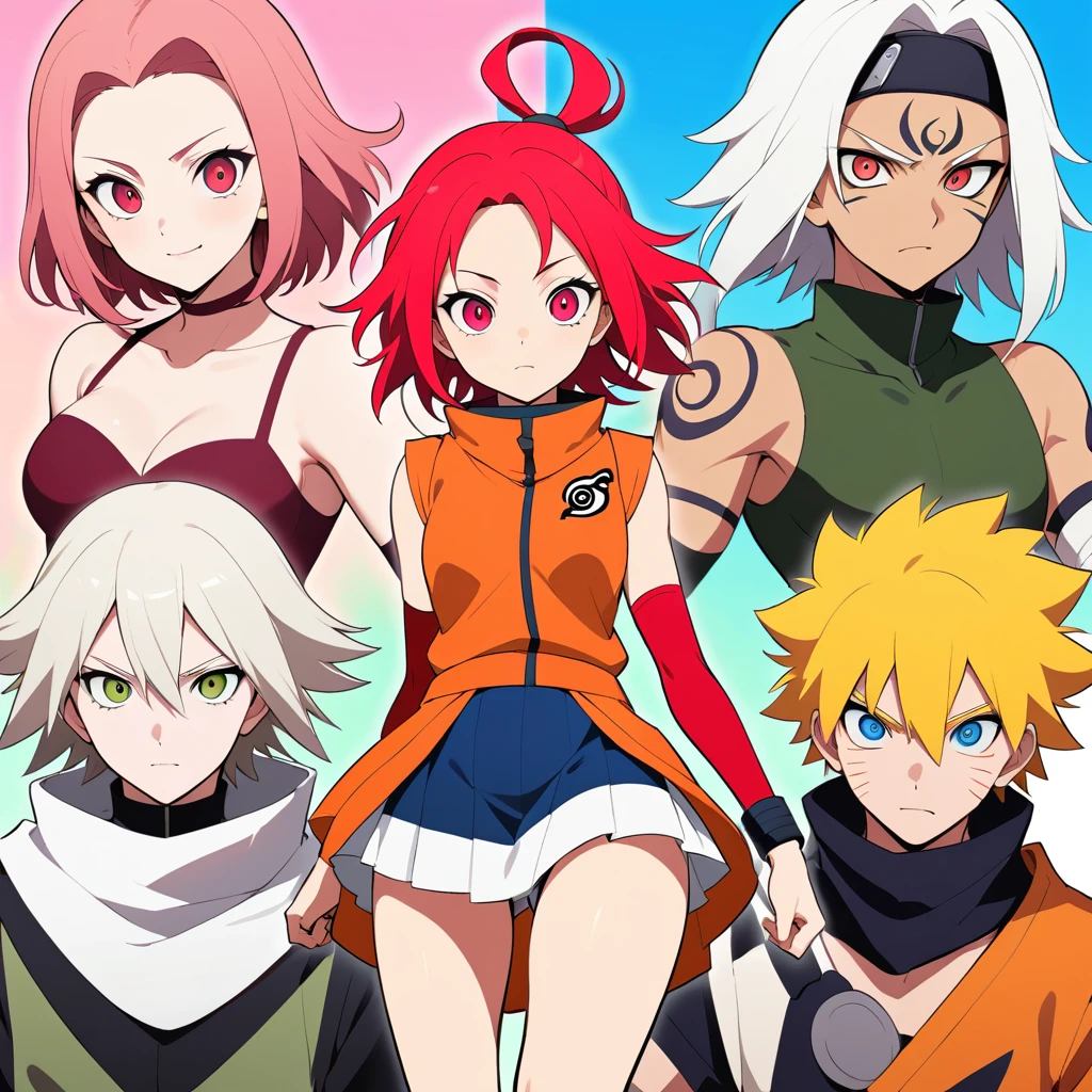 Kunoichi de anime segura de sí misma en pose de combate en calle de aldea