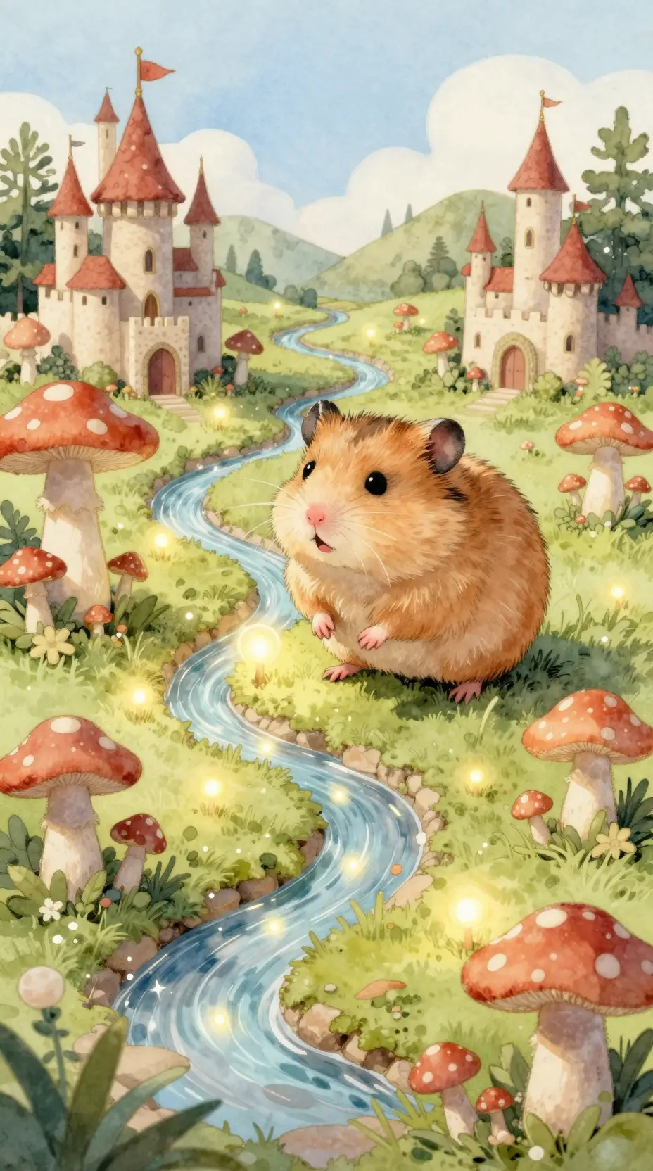 Dolce criceto che esplora un minuscolo mondo fantasy ad acquerello