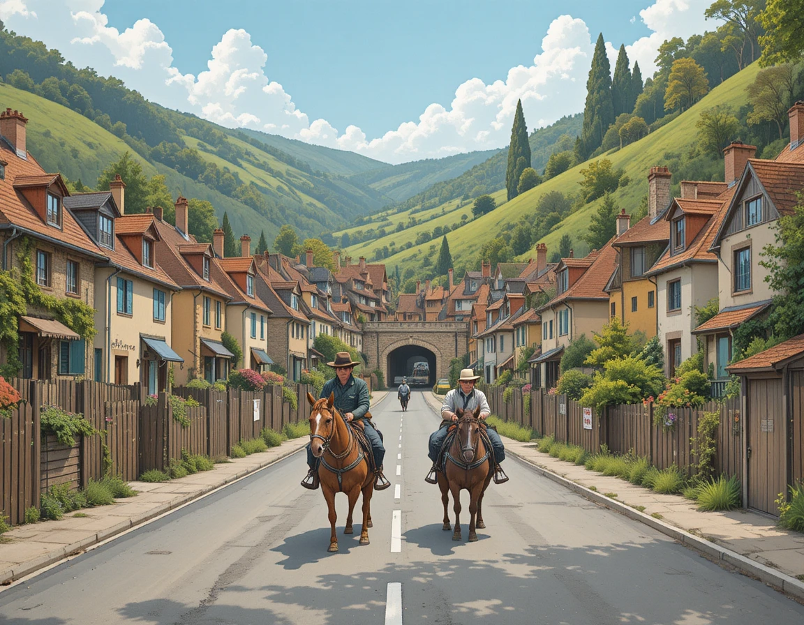 Strada di campagna fiancheggiata da case di villaggio in una valle tranquilla