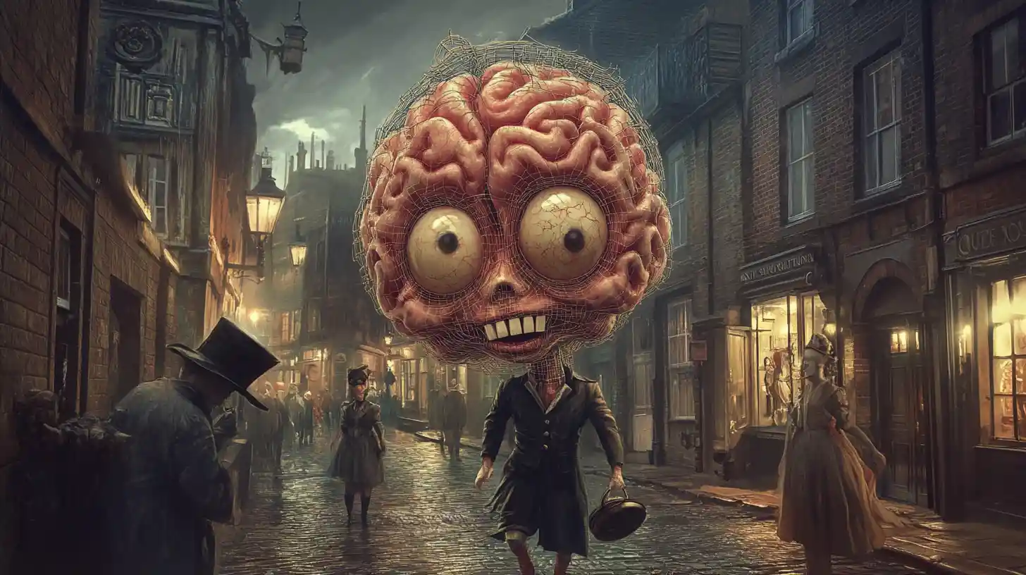 Anthropomorphic brain gentleman in dark London alley