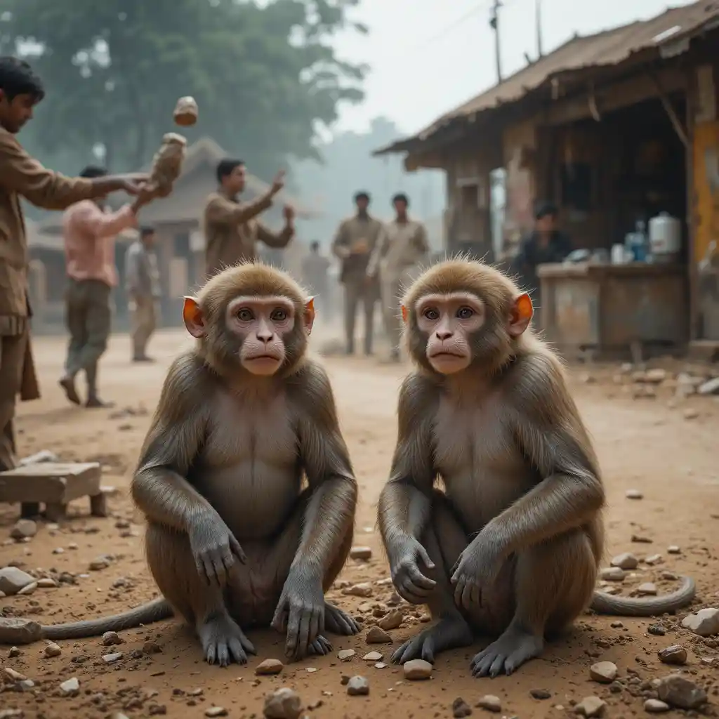 Scared Hungry Monkeys Near A Crowded Roadside Tea Stall