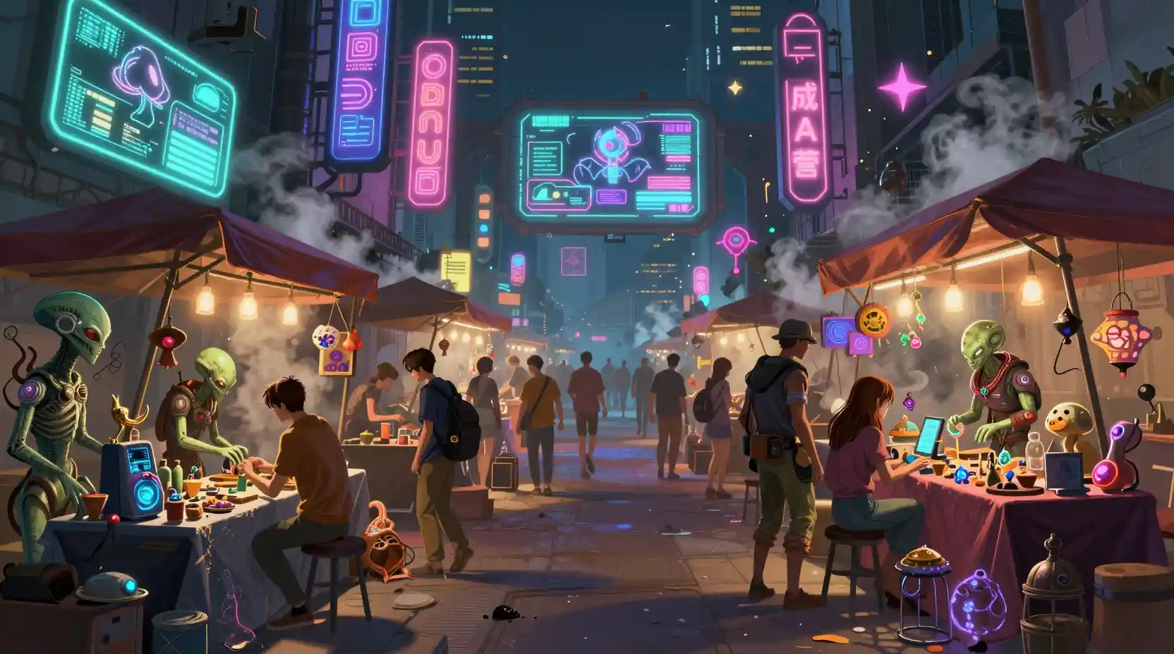 Mercado noturno cyberpunk movimentado com humanos e alienígenas