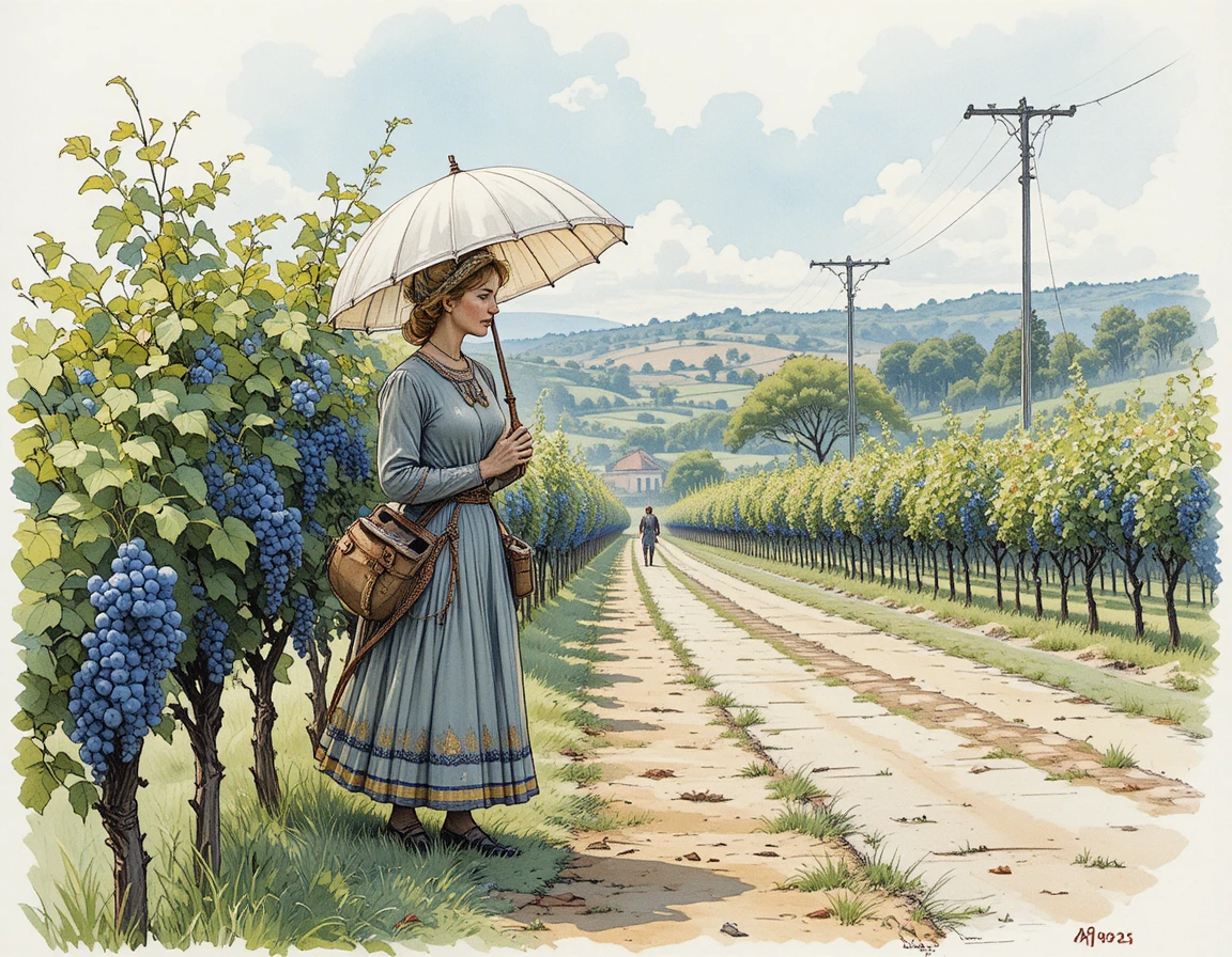 Woman waiting by a country road beside a harvested vineyard