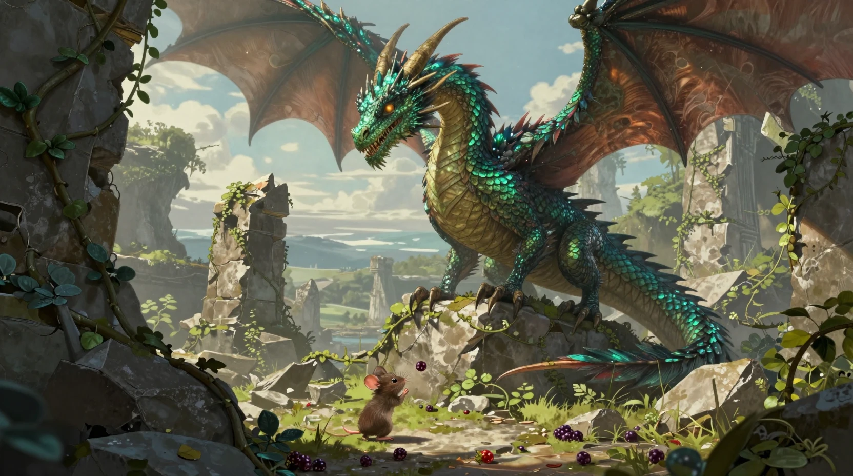Majestic feathered dragon guarding vineswept ancient ruins