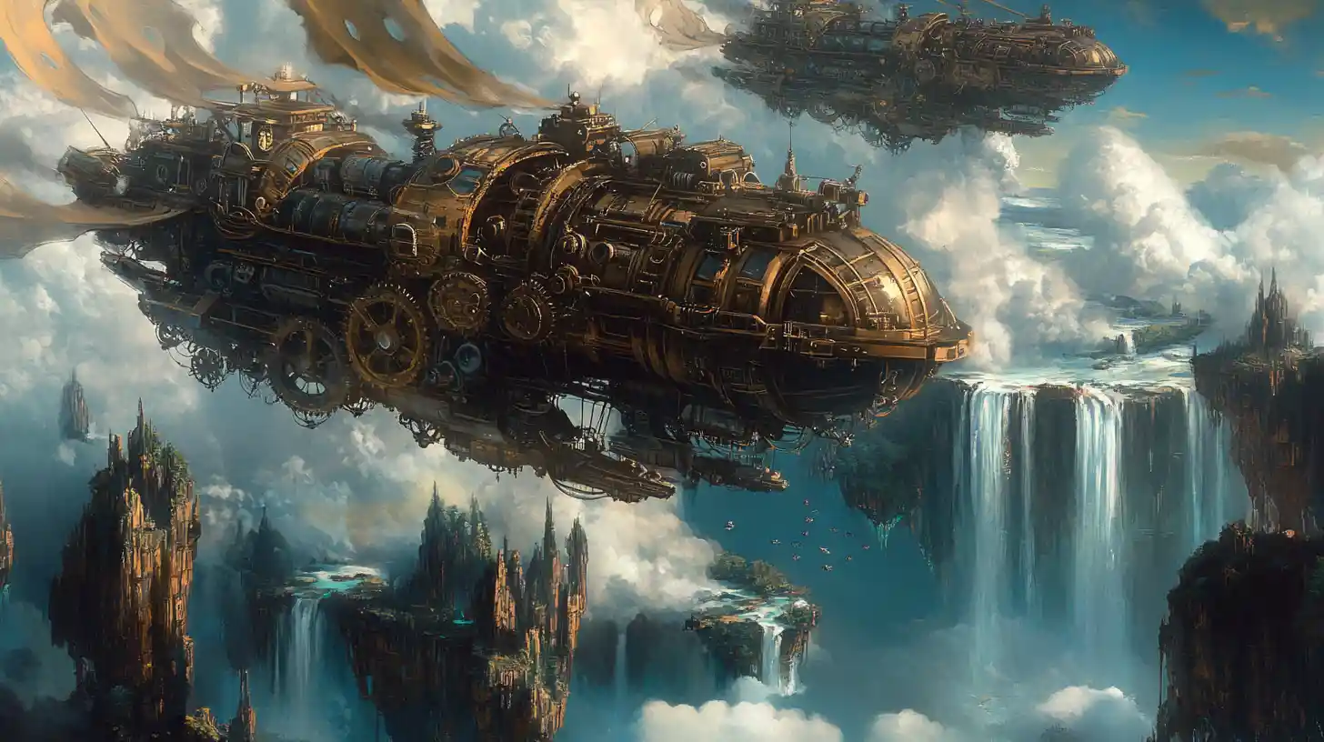 Steampunk airship sailing past towering floating islands