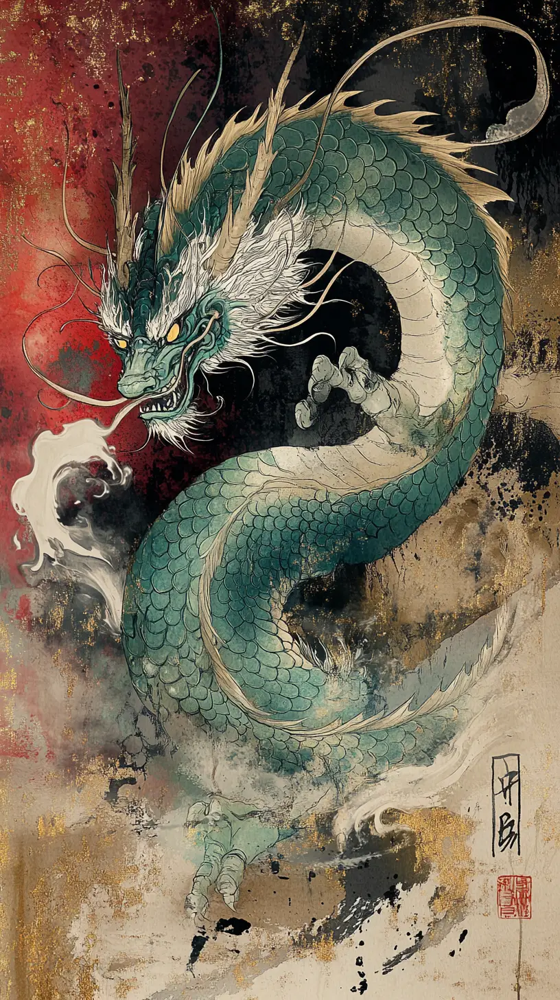 Majestic eastern dragon in misty ink painting scene