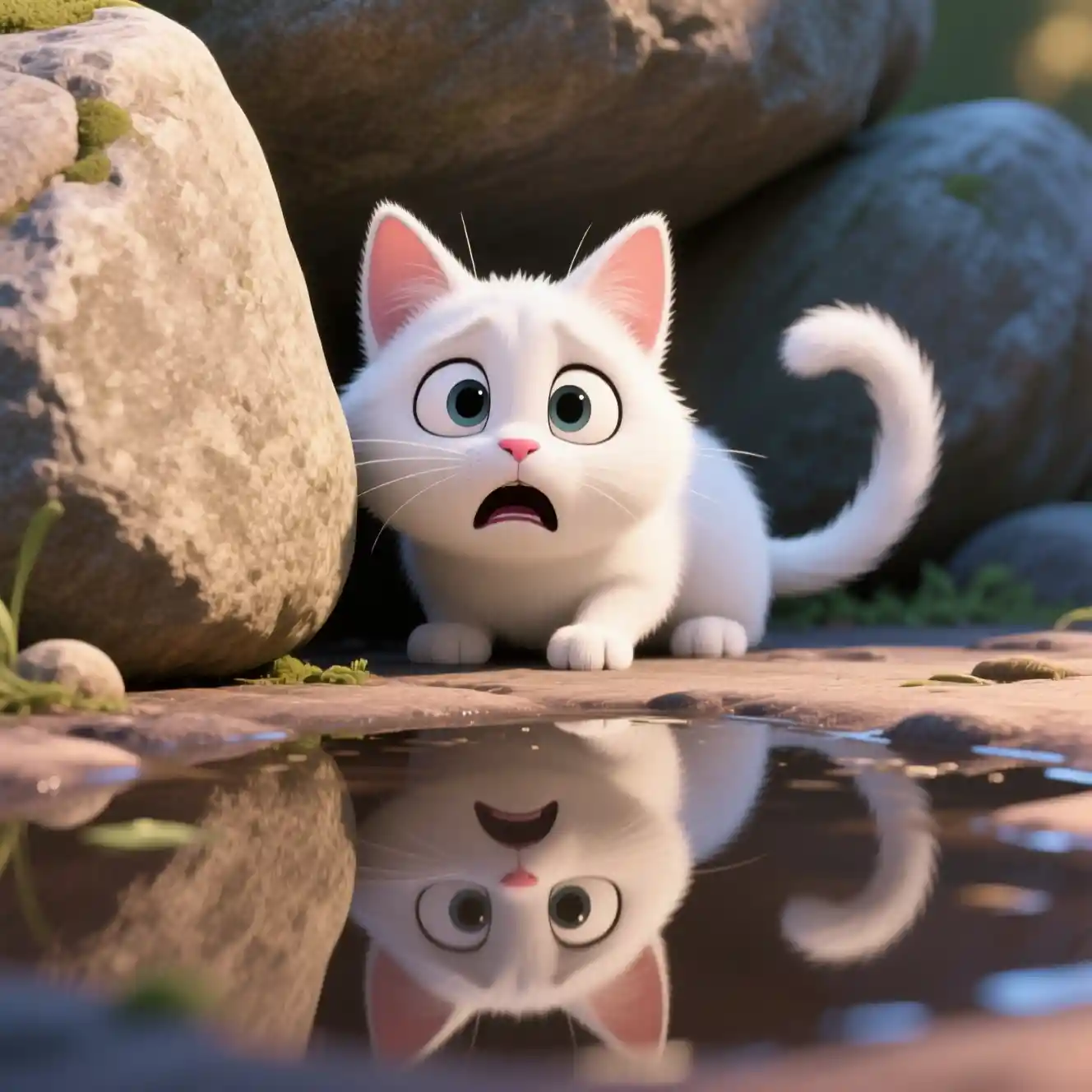 Scared White Kitten Hiding Behind A Stone Outdoors