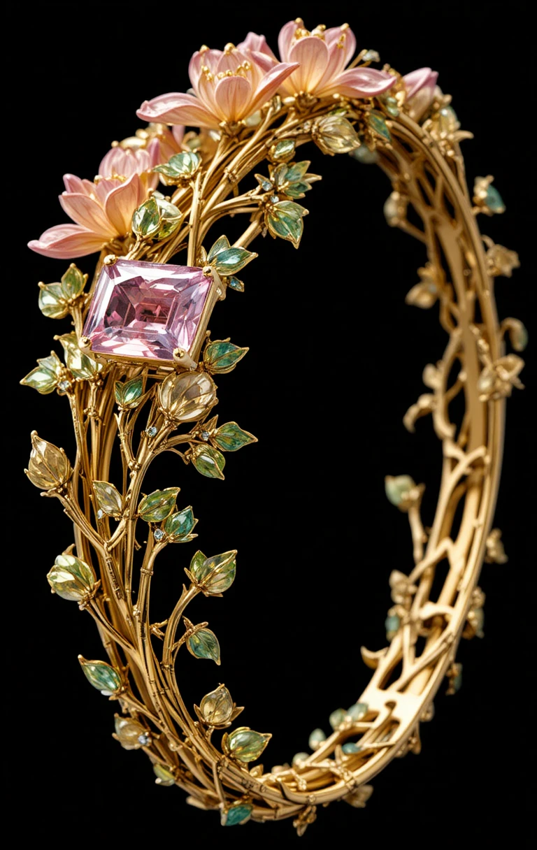 Goldenes Blumenarmband mit Edelstein-Freesien auf schwarzem Hintergrund