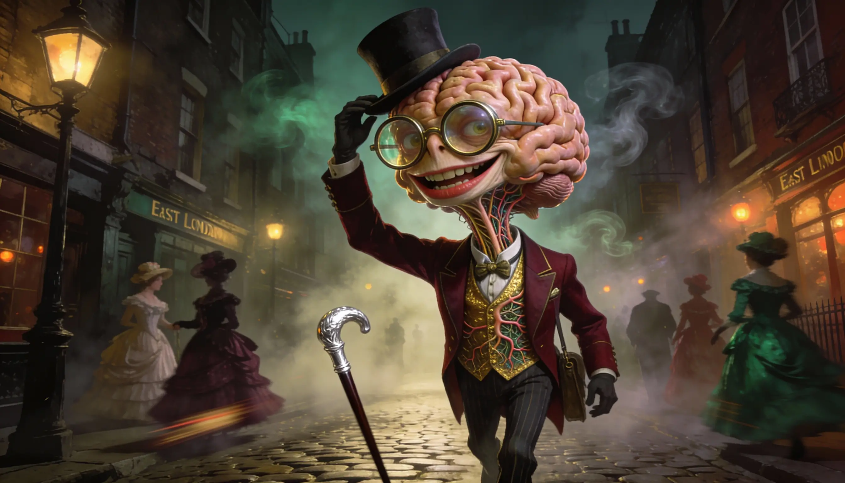 Dapper Brain Creature Strolling Old London Alleyways