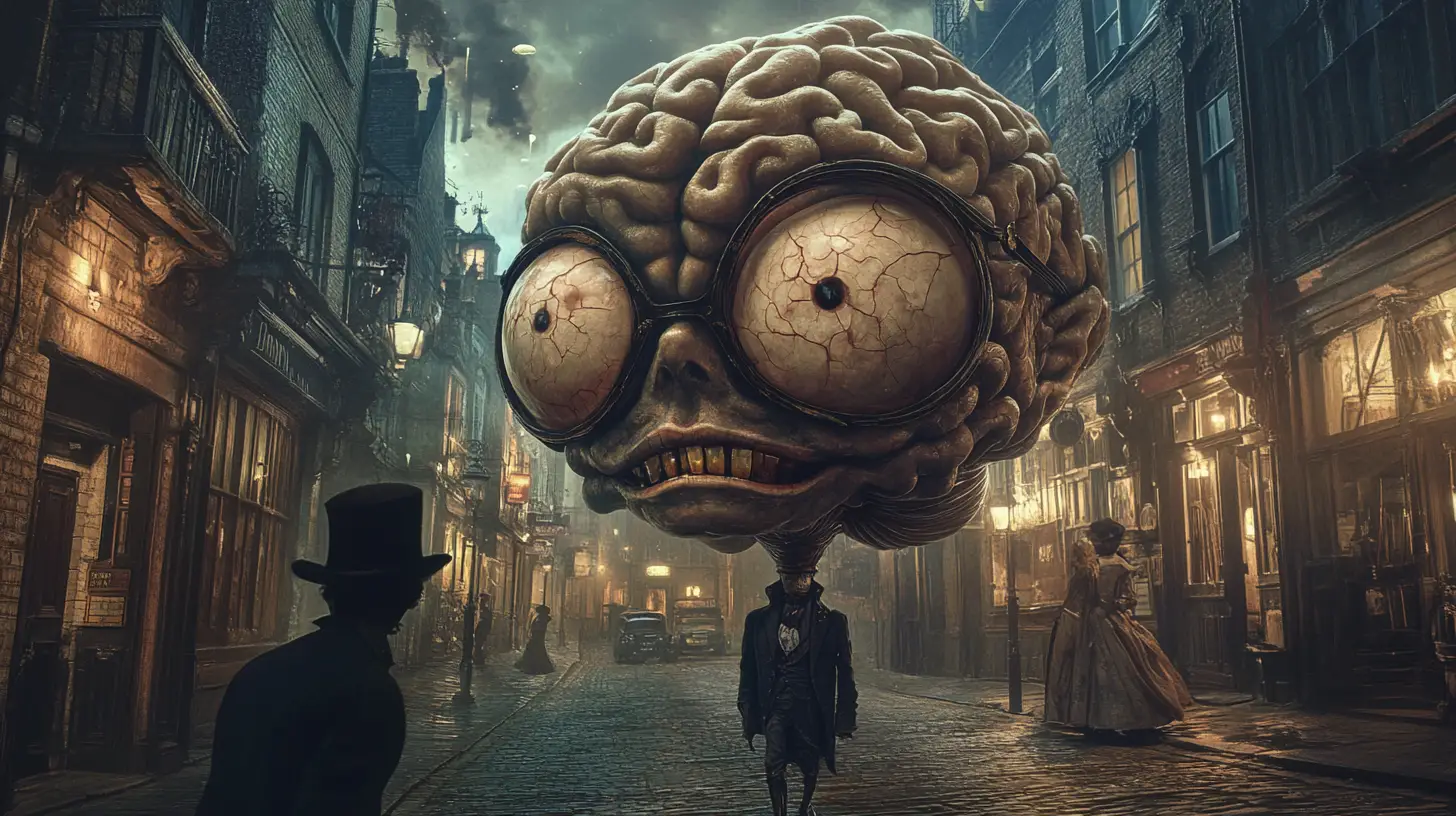 Elegant walking brain in old London alley at night