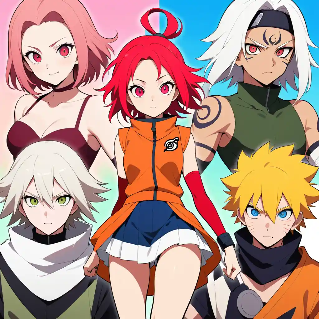 Kunoichi de anime segura de sí misma en pose de combate en calle de aldea