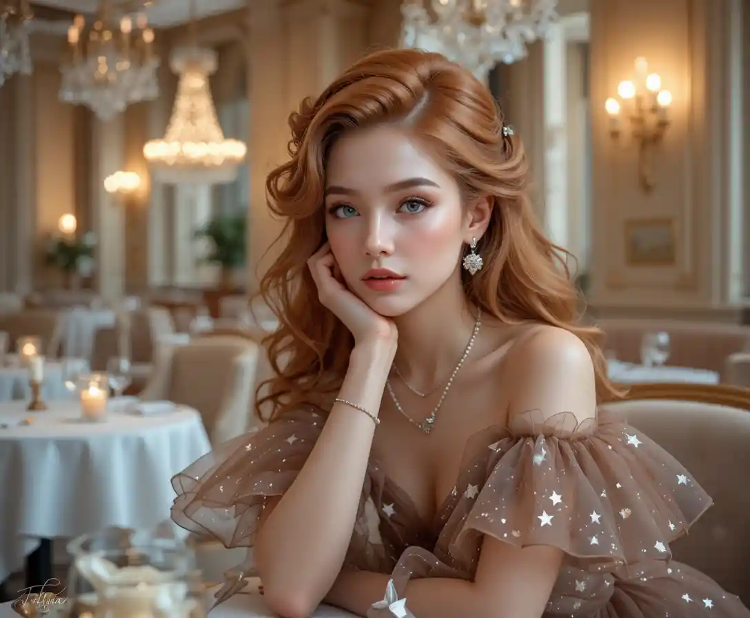 柔和餐廳燭光下的沉思紅髮女子