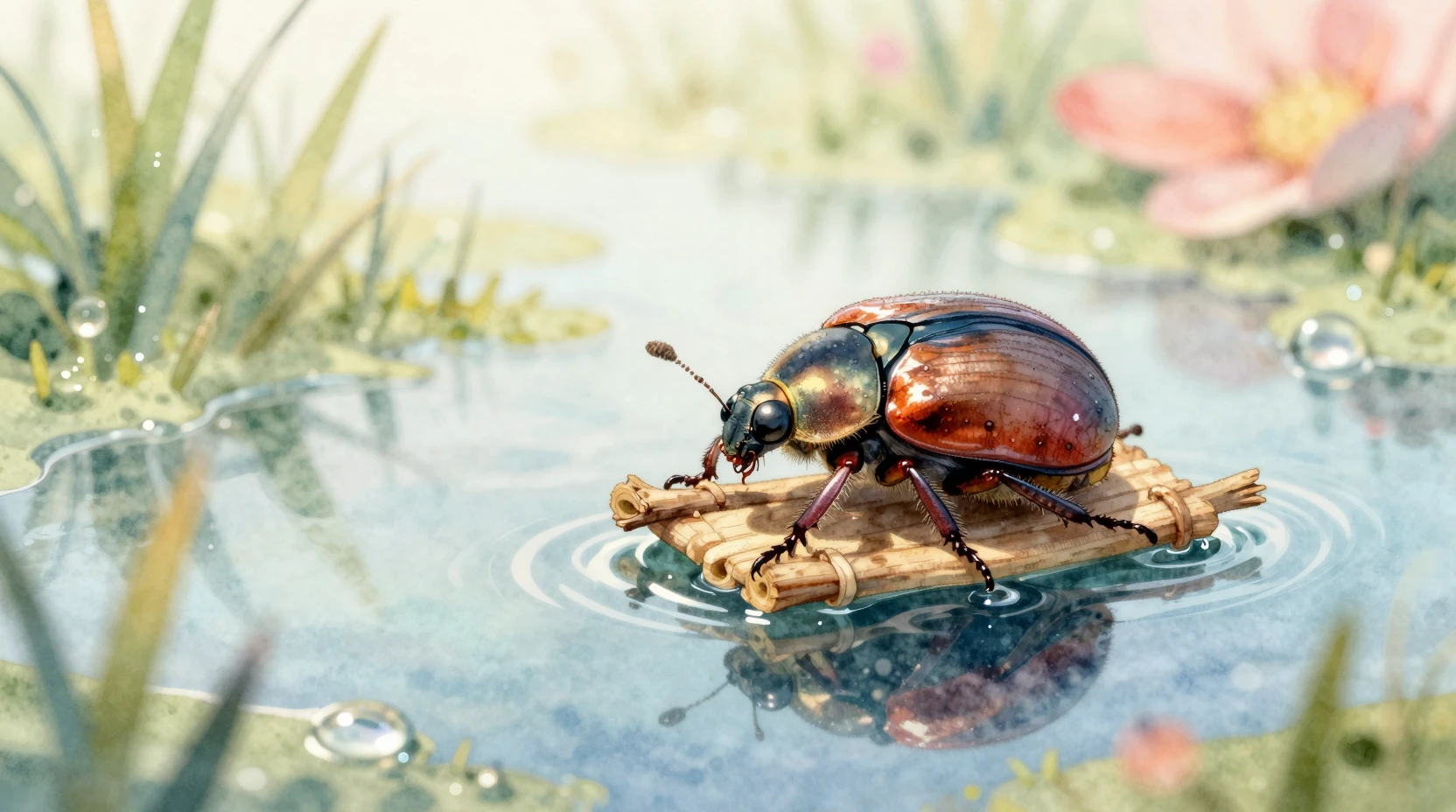 Minúsculo besouro navegando em uma gota de orvalho em aquarela onírica