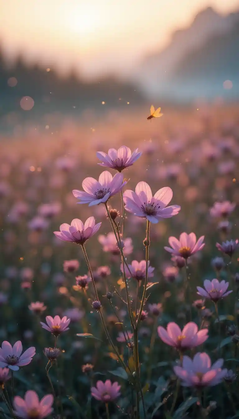 Gros plan de fleurs sauvages roses brillant doucement au crépuscule