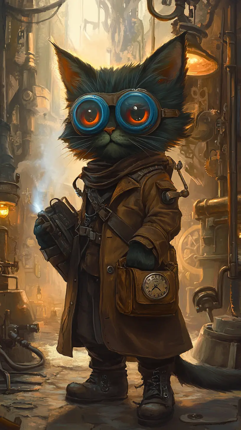 Steampunk-Katzenabenteurer in einer mechanischen Werkstatt