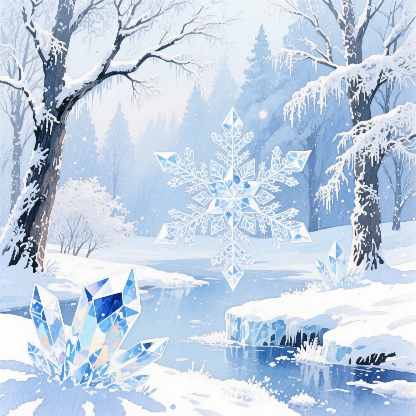 Forêt hivernale éthérée en aquarelle chatoyante et paisible