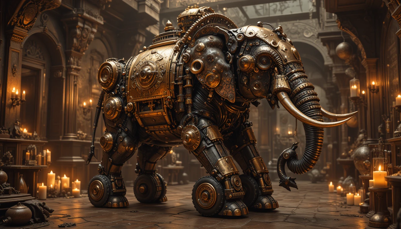 Elefante Mecánico Steampunk que Brilla en Cálida Luz de Velas