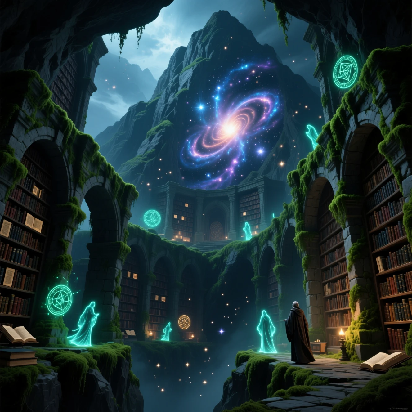 Ancient Mountain Library Glowing With Arcane Cosmic Energy