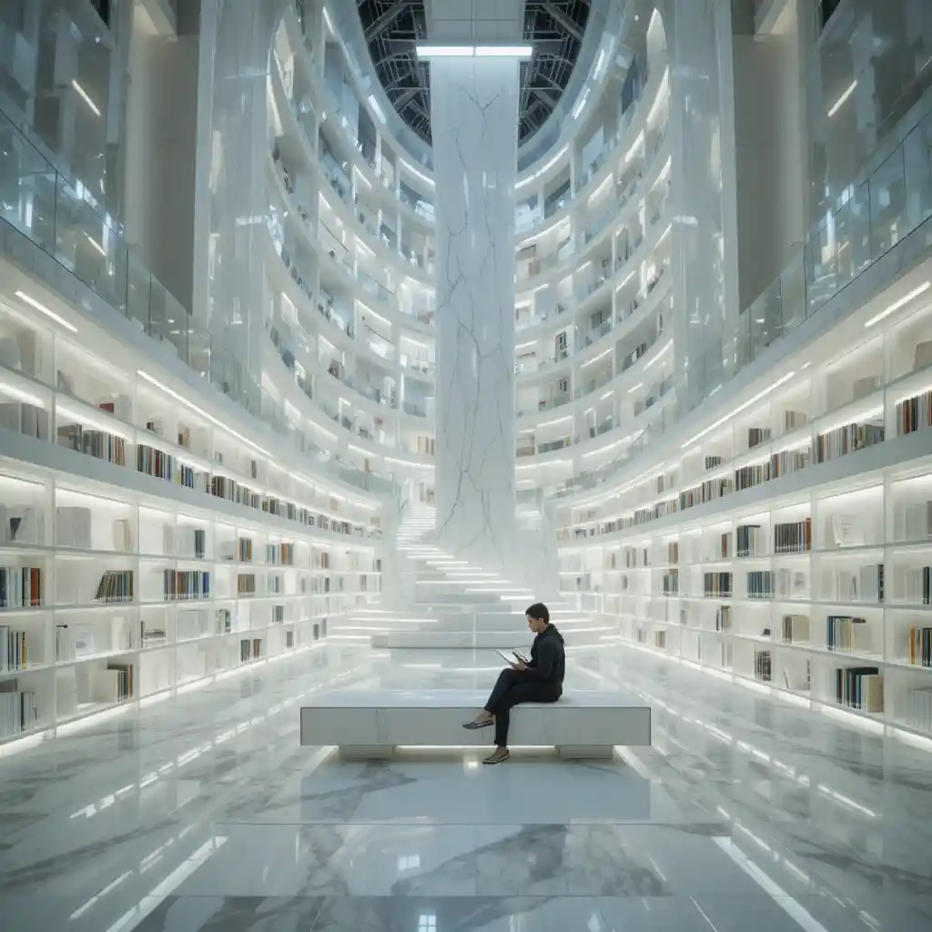 未来都市の図書館の内部とベンチに座るひとりの読書家