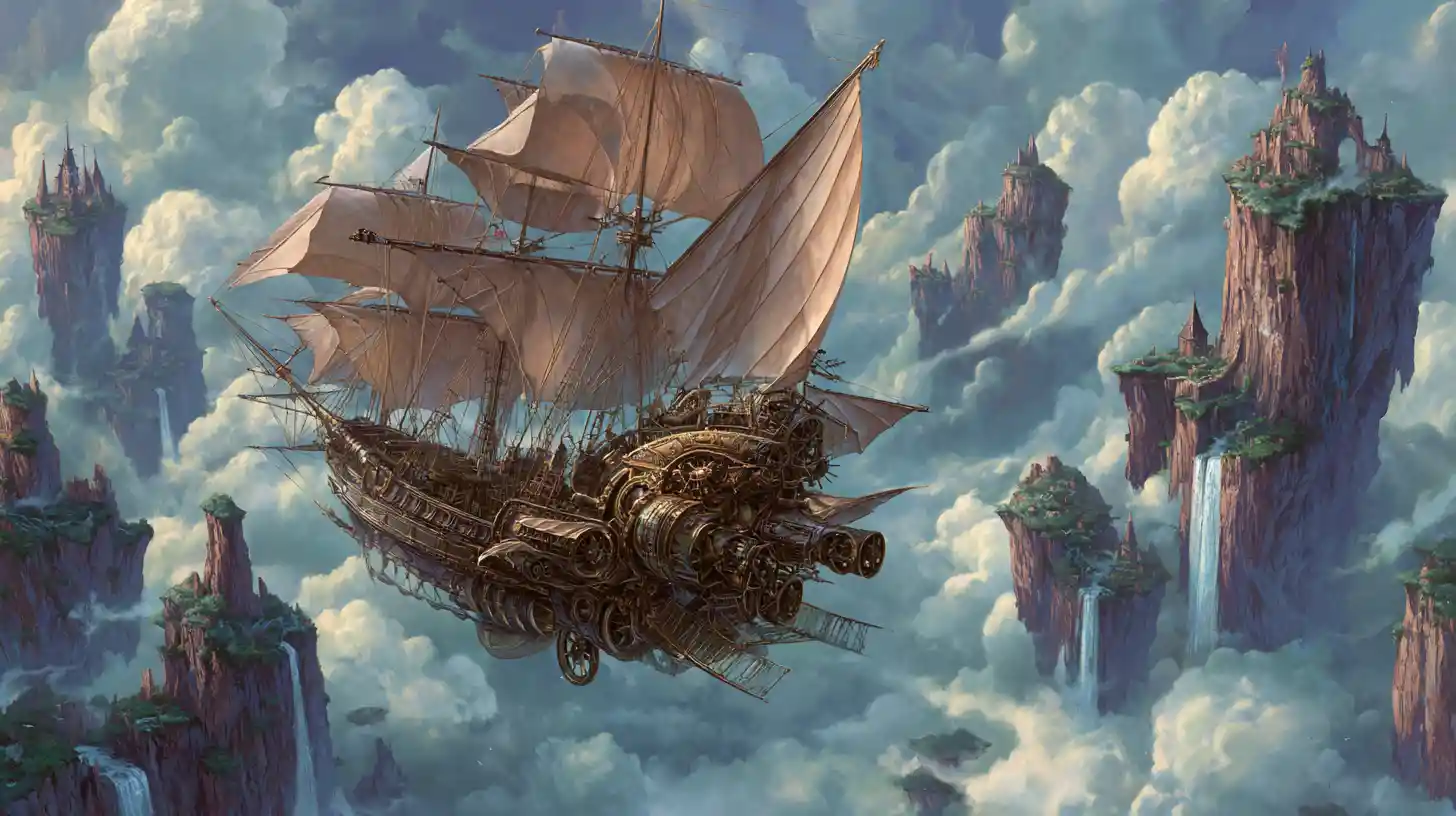 Dirigeable steampunk voguant près d’imposantes îles flottantes