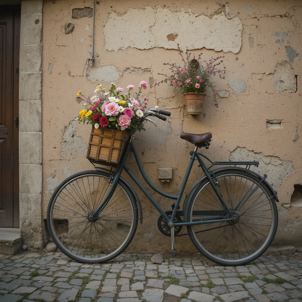 Bicicleta vintage com cesta de flores ao lado de muro de casa toscana