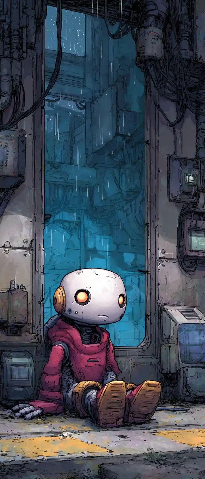 Sad robot sitting in a bleak industrial interior