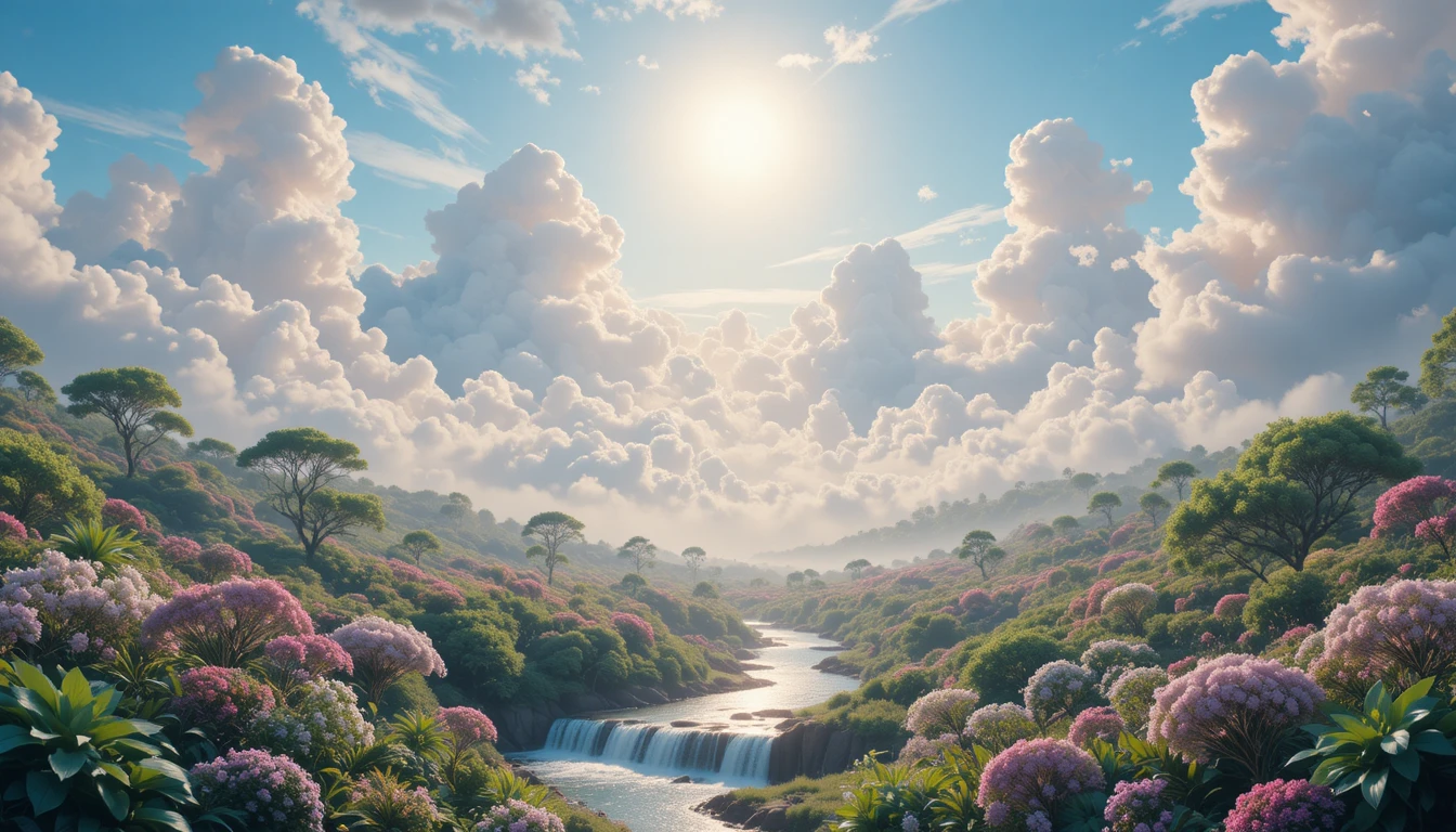 Stiller Himmel und Wolken über üppigen Bächen und Flora
