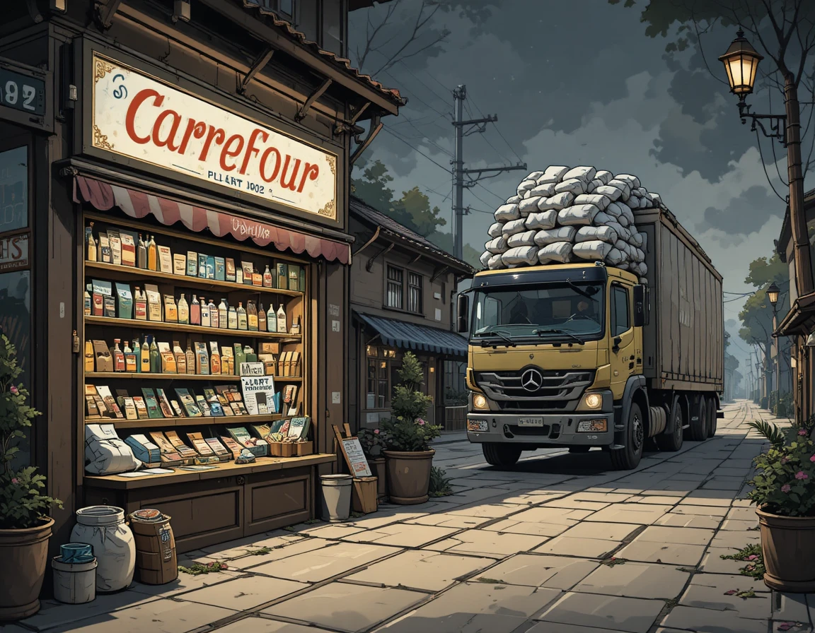 Small village grocery store with cluttered window display