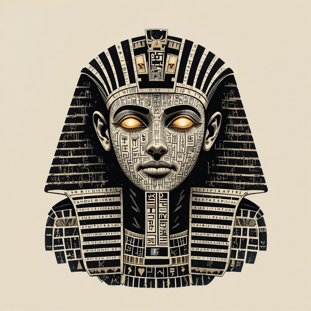 Hieroglyphic pharaoh face built from glowing ancient text