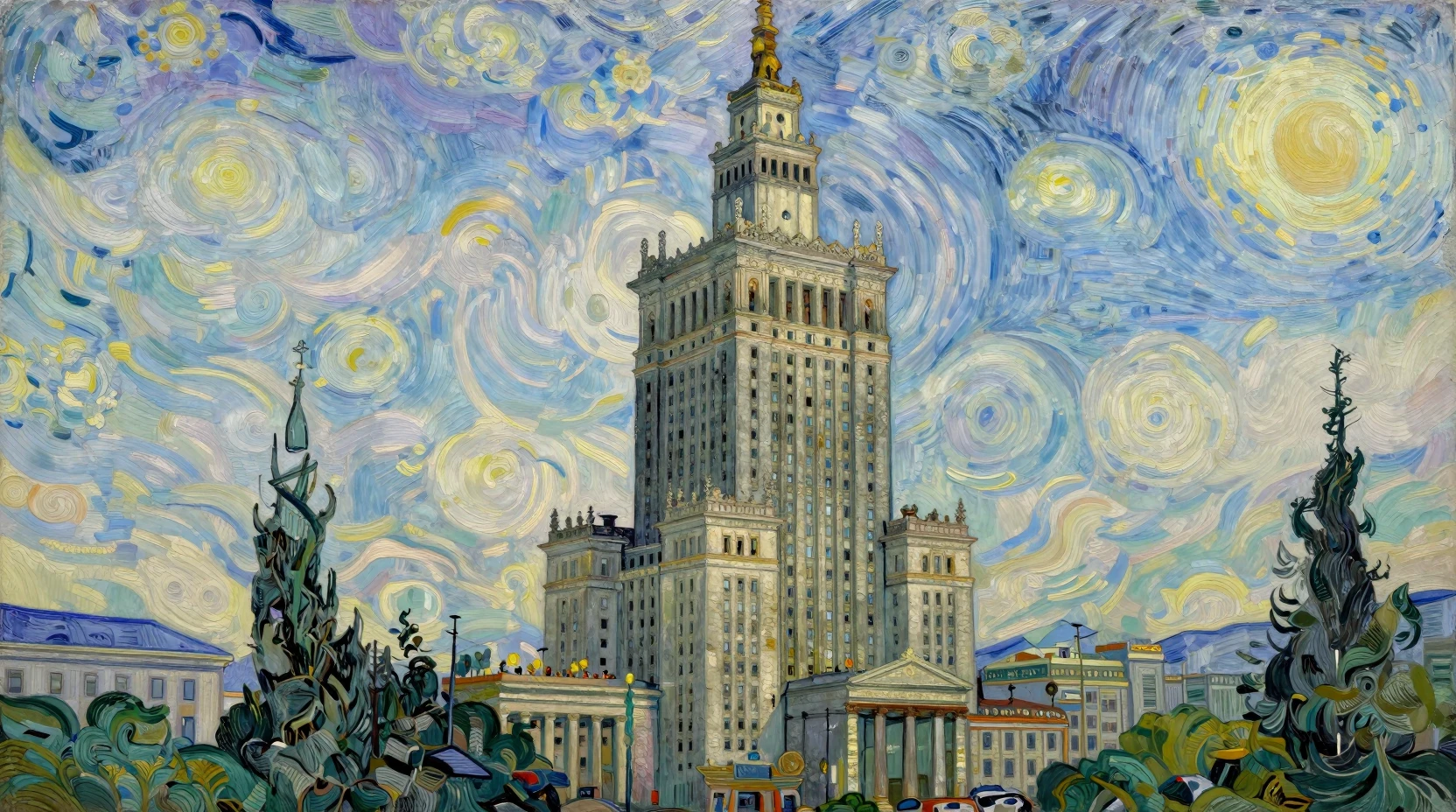 Peinture de gratte-ciel de Varsovie dans un style post-impressionniste