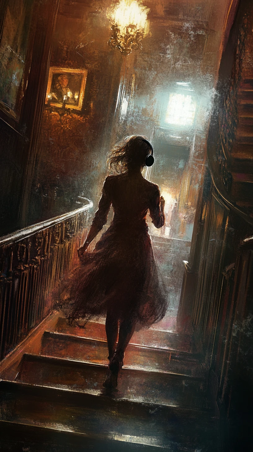 Woman sneaking through dark museum hall with flashlight