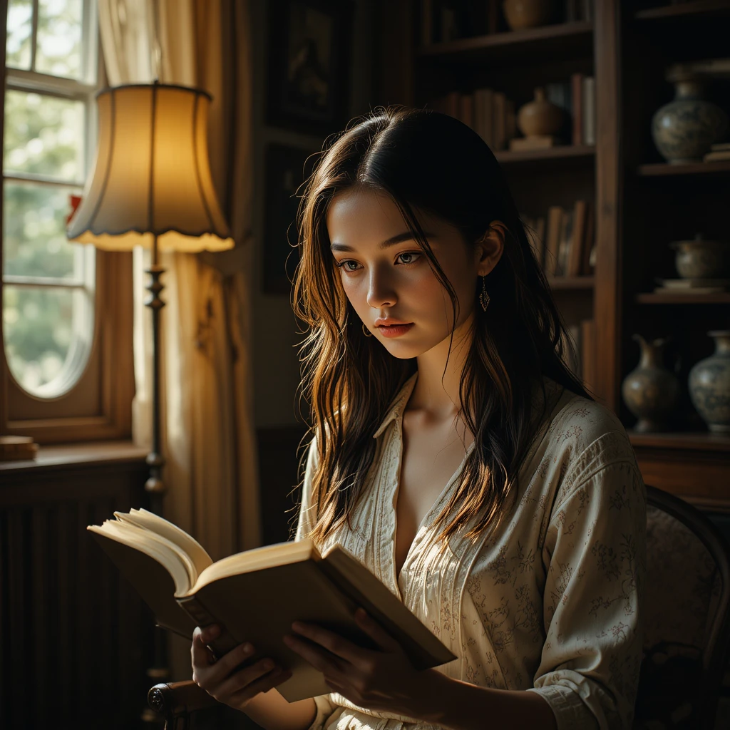 Jeune femme lisant tranquillement dans un bureau vintage