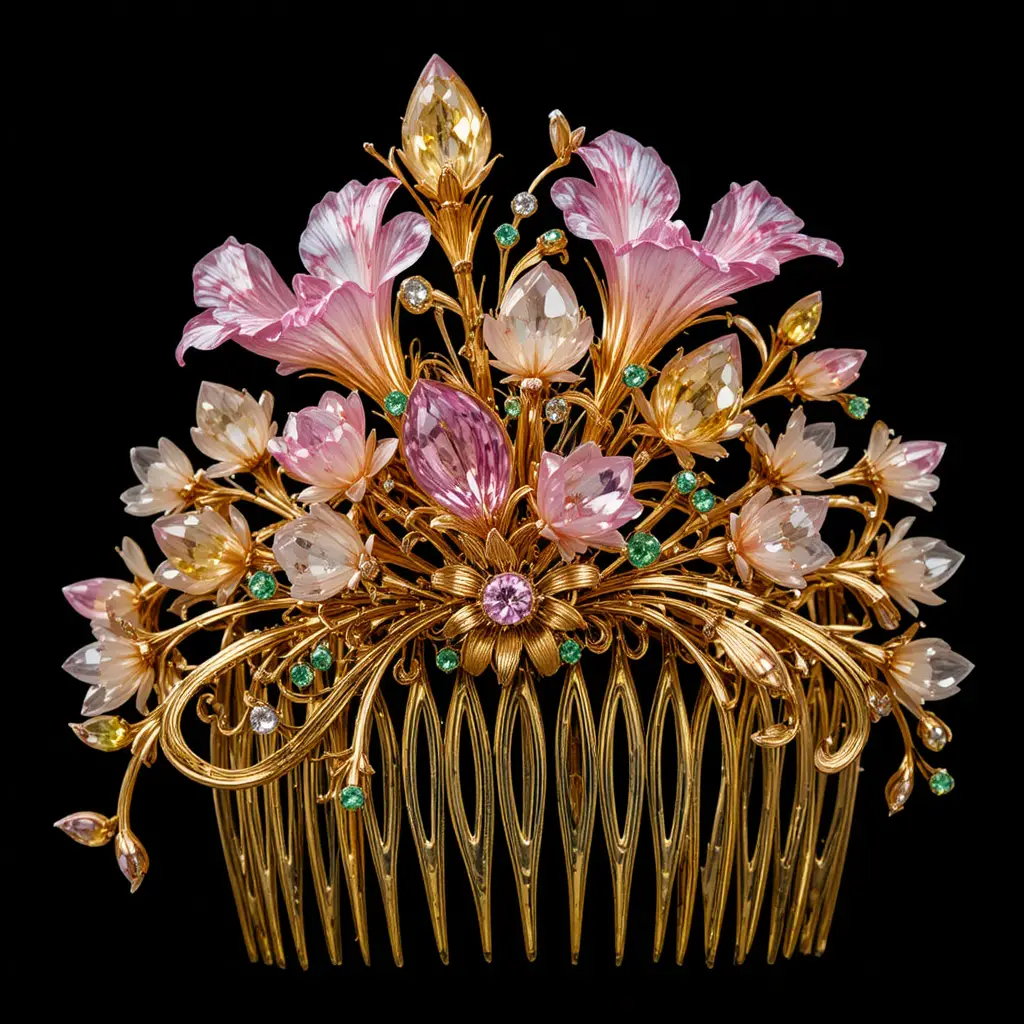 Ornate Gold Hair Comb With Pink Topaz Freesia Flowers