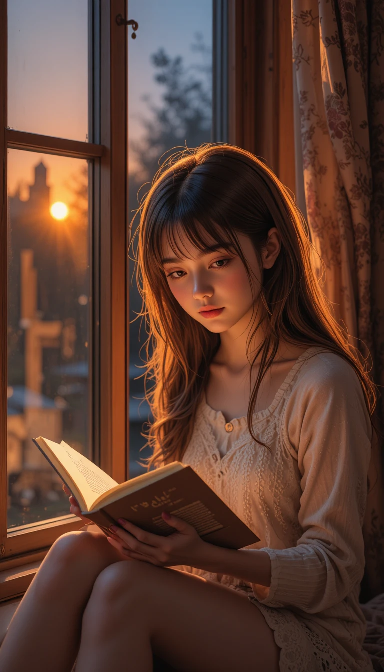 Chica adolescente leyendo junto a una ventana con cálida luz de atardecer