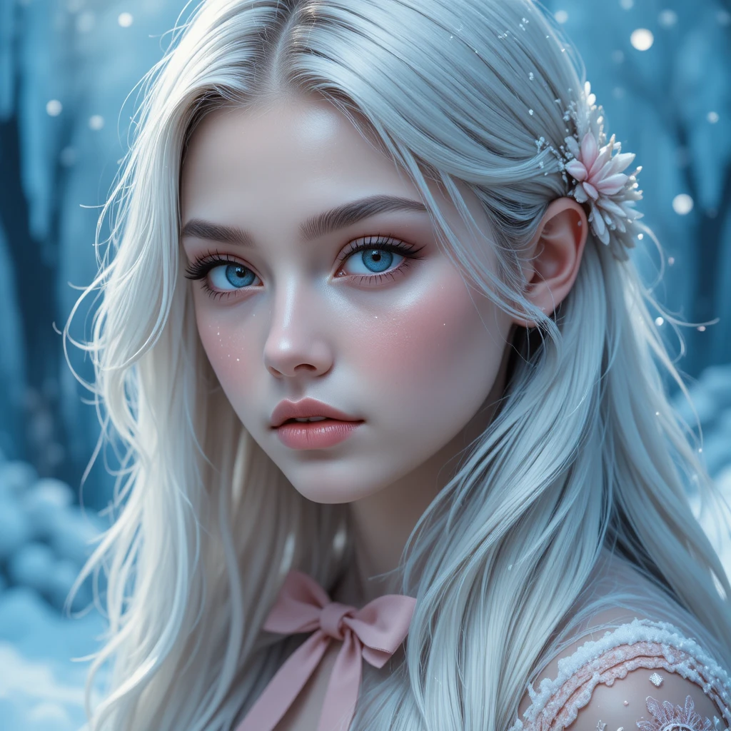Retrato nevado de una chica de cabello plateado y ojos azules